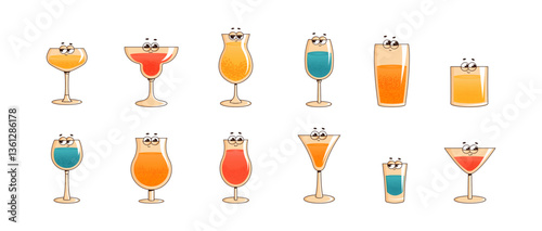 Set retro groovy characters cocktail. Funky alcoholic or nonalcoholic drink. Vintage vector illustration 70s, 80s style on white background for pub, bar, cafe, restaurant