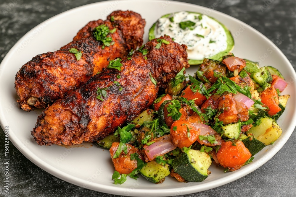 Grilled Chicken Skewers with Fresh Salad and Yogurt Sauce on a Plate Grilled Chicken Skewers with Fresh Salad and Yogurt Sauce on a Plate