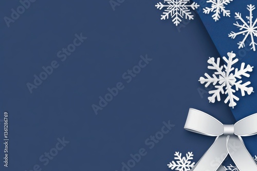 Blue Background with White Ribbons and Snowflakes.