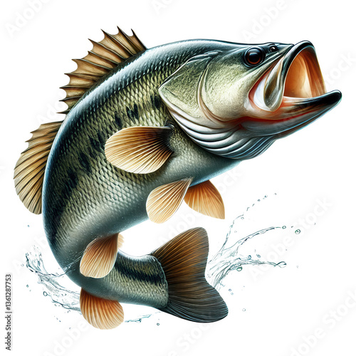 Realistic illustration of a largemouth bass jumping from water, perfect for fishing, wildlife, or outdoor nature themes PNG