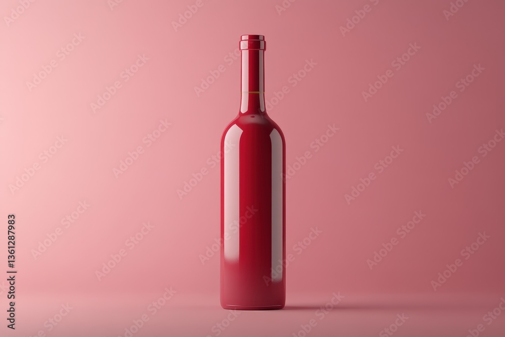 A singular red wine bottle is displayed on a pink surface A singular red wine bottle is displayed on a pink surface