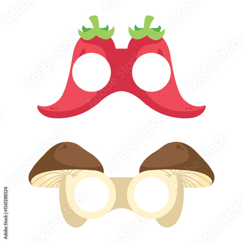 Chili and Mushrooms Vegetables Birthday Mask Cartoon Illustration