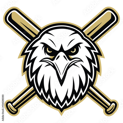 Aggressive Eagle Head with Intense Eyes, Crossed Baseball Bats in Black and Gold Scheme