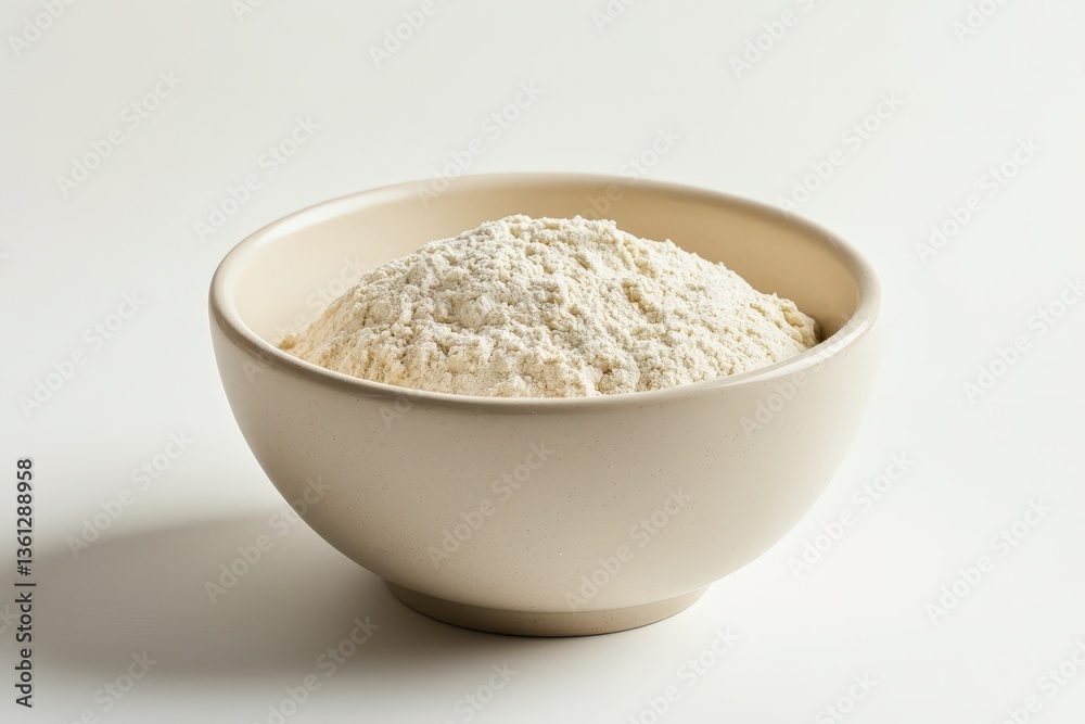 A simple ceramic bowl is filled with white powdery substance A simple ceramic bowl is filled with white powdery substance