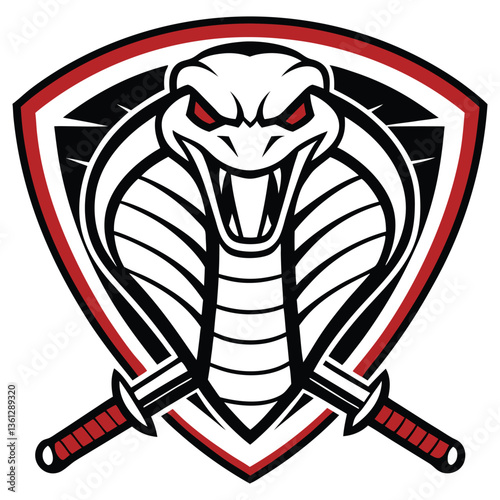White Cobra with Red Eyes on Shield over Two Swords Mascot Style