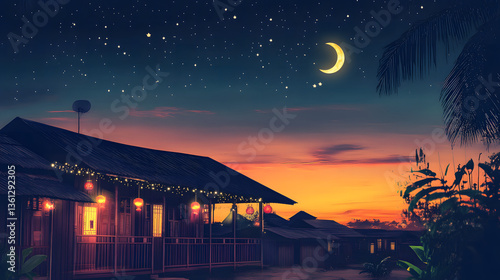 beautiful night scene of traditional malay house decorated with festive lights, crescent moon and stars in sky