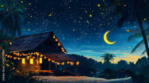 beautiful night scene of traditional malay house decorated with festive lights, crescent moon and stars in sky