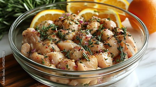 Marinating chicken with fragrant fresh herbs and zesty citrus fruits in a large bowl