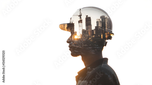 double exposure of construction worker wearing hard hat