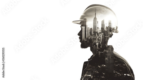 double exposure of construction worker wearing hard hat