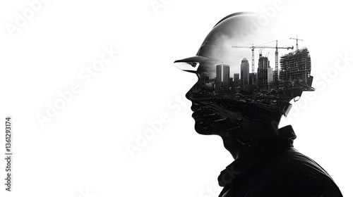 double exposure of construction worker wearing hard hat
