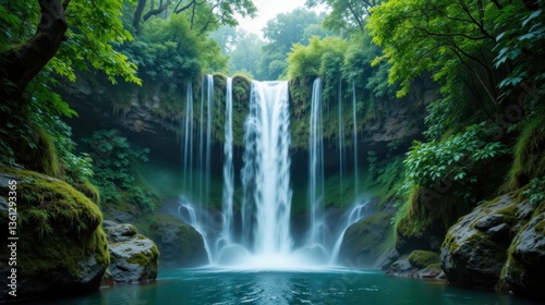 Off the beaten path concept. Majestic waterfall surrounded by lush greenery and serene water pool.