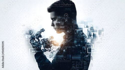 double exposure of engineer holding blueprint
