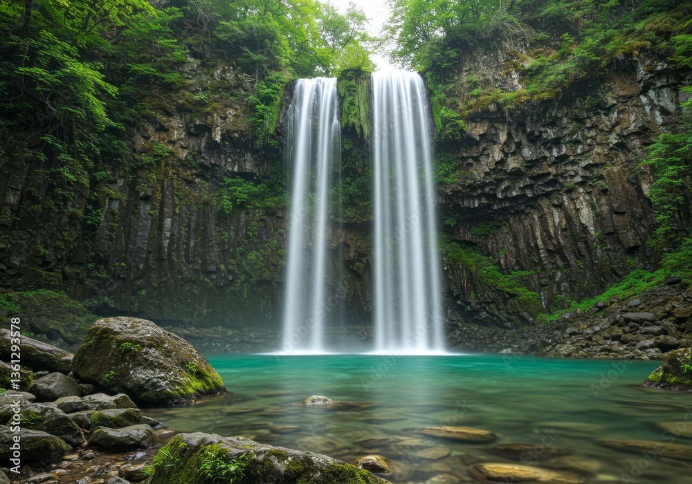 Fototapeta premium Waterfall flows into turquoise pool between mossy cliffs.