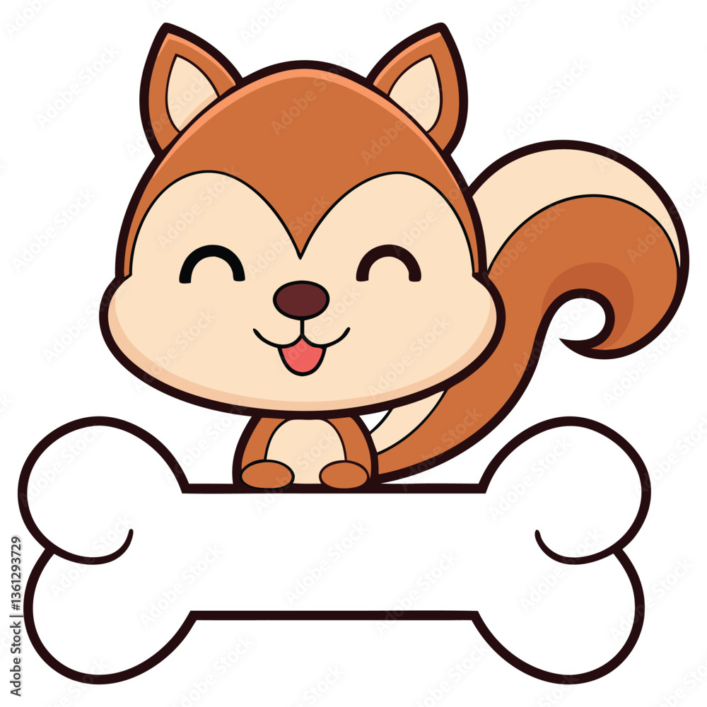 Naklejka premium Cheerful Cartoon Squirrel Holding Bone with Black Outline on White