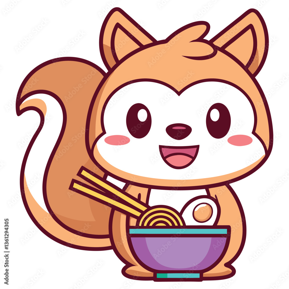 Cartoon Squirrel with Ramen Cute Animal Character Holding Chopsticks with Bowl Cartoon Squirrel with Ramen Cute Animal Character Holding Chopsticks with Bowl