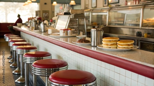 Vintage diner interior featuring a polished counter with red stools and plates of food.