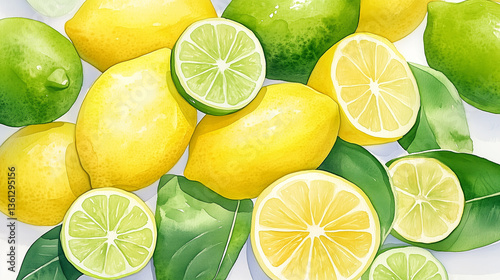 Bright and vibrant illustration of fresh lemons and limes with green leaves. The composition includes whole and sliced citrus fruits, showcasing juicy textures and vivid colors, perfect for food, beve