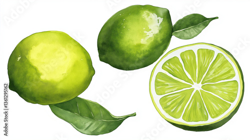 Bright and vibrant illustration of fresh lemons and limes with green leaves. The composition includes whole and sliced citrus fruits, showcasing juicy textures and vivid colors, perfect for food, beve