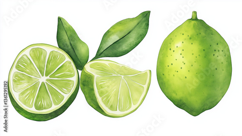 Bright and vibrant illustration of fresh lemons and limes with green leaves. The composition includes whole and sliced citrus fruits, showcasing juicy textures and vivid colors, perfect for food, beve