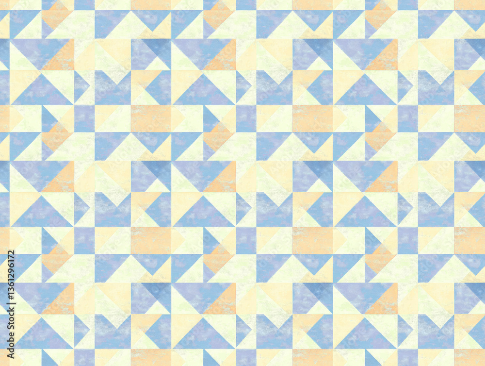 Geometric Pattern: A seamless pattern of intersecting geometric shapes, including triangles and squares, in pastel colors, suitable for digital backgrounds, surface design, or textile decoration.