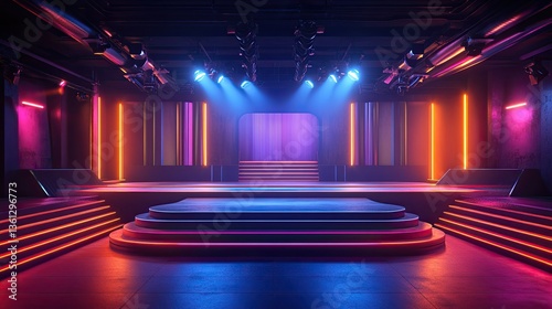 Digital Illustration of a Stage Set-Up for a Quiz Game with Bright Lighting and Modern Props 