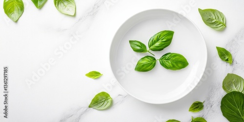 Wallpaper Mural Fresh basil leaves are arranged on a white plate Torontodigital.ca