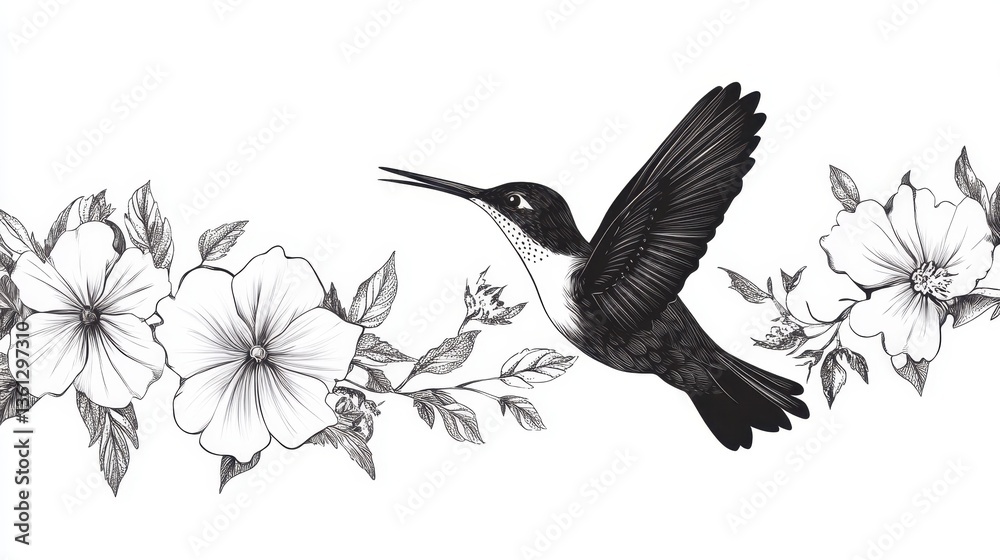 Obraz premium A detailed illustration of a hummingbird in flight, accompanied by blooming flowers, showcasing intricate line work and elegant design.