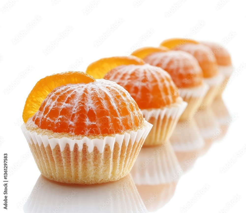 Bright Orange Mandarin Cupcakes in a Row on White Reflective Surface Bright Orange Mandarin Cupcakes in a Row on White Reflective Surface