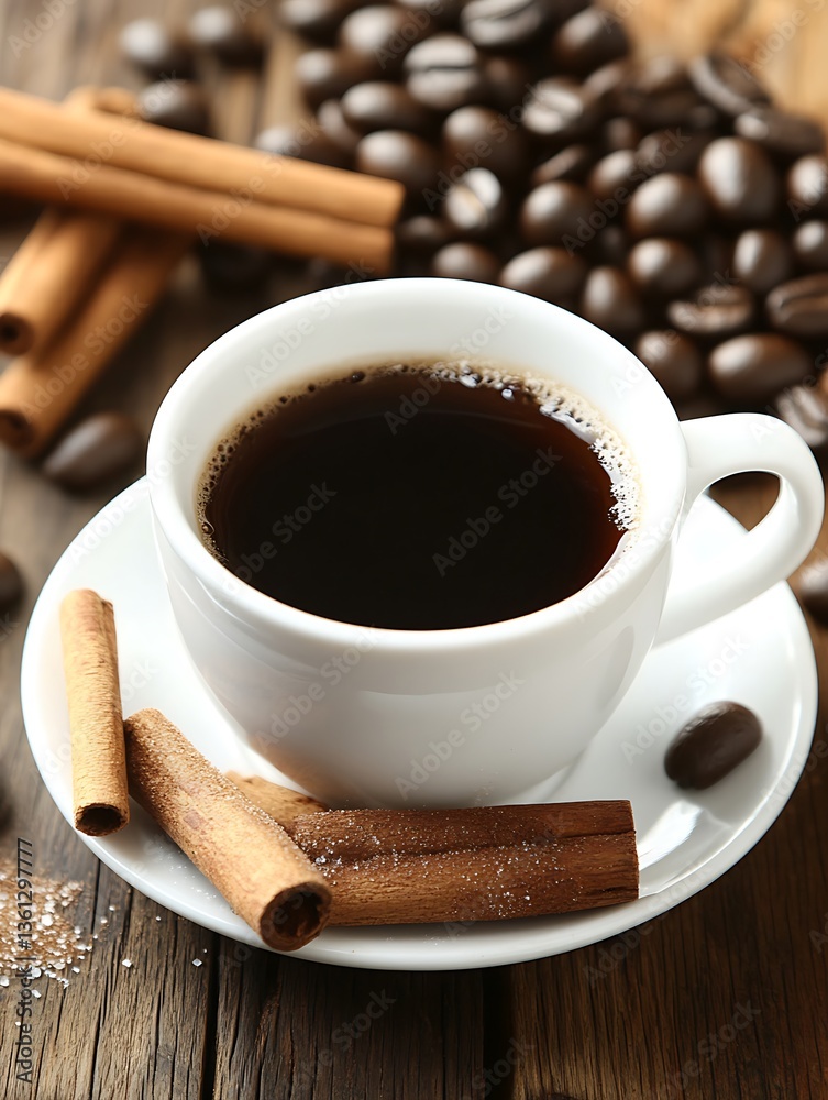 A white cup of coffee with cinnamon and beans A white cup of coffee with cinnamon and beans