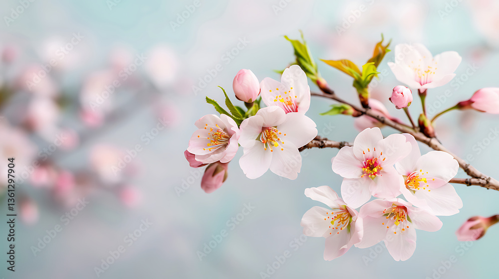 Fototapeta premium Delicate Cherry Blossom Branch Against a Soft Pastel Sky Dreamy Floral Beauty Spring Freshness Bloom