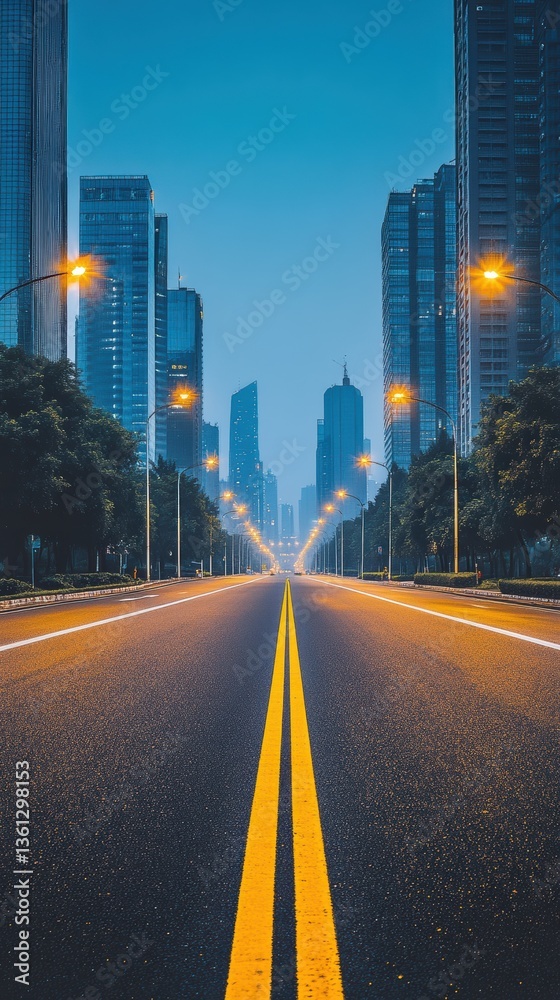 Fototapeta premium Serene Cityscape Dawn: Empty Road Through Modern Skyscrapers
