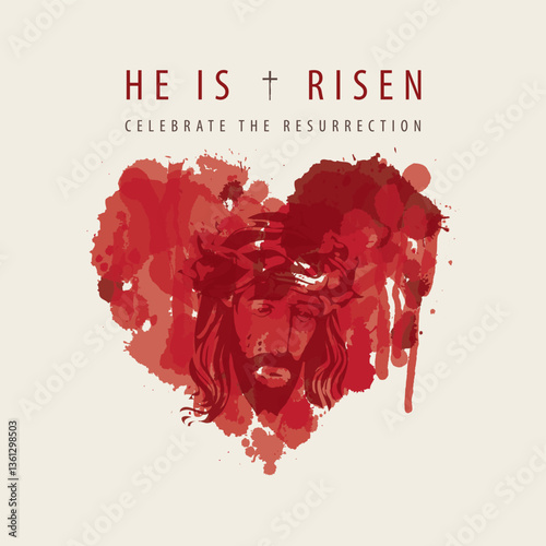 Easter banner or greeting card with portrait of crying Jesus Christ wearing crown of thorns inside red bloody heart sign. Vector illustration on religious theme with Son of God, t-shirt design