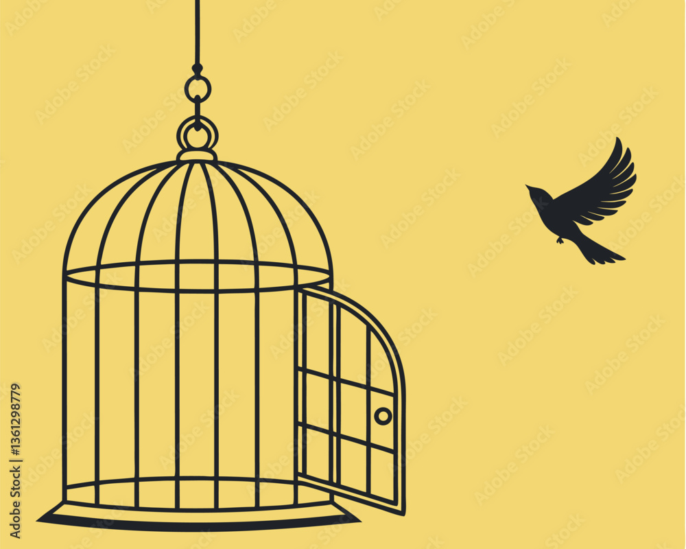 Bird flying away from open cage, symbolizing freedom and liberation. Empty birdcage with open door as a metaphor for escape and independence. Bird flying away from open cage, symbolizing freedom and liberation. Empty birdcage with open door as a metaphor for escape and independence.