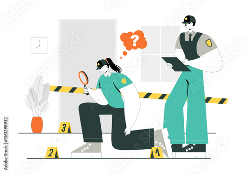 Crime Scene Investigation Illustration Featuring a Team of Investigators Collecting Crime Evidence and Examining a Victim's Death Incident