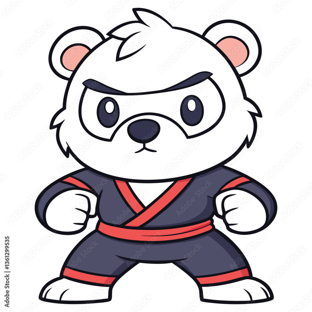 Fototapeta premium Cartoonish Polar Bear Ninja Mascot in Black Outfit with Red Belt and Serious Expression