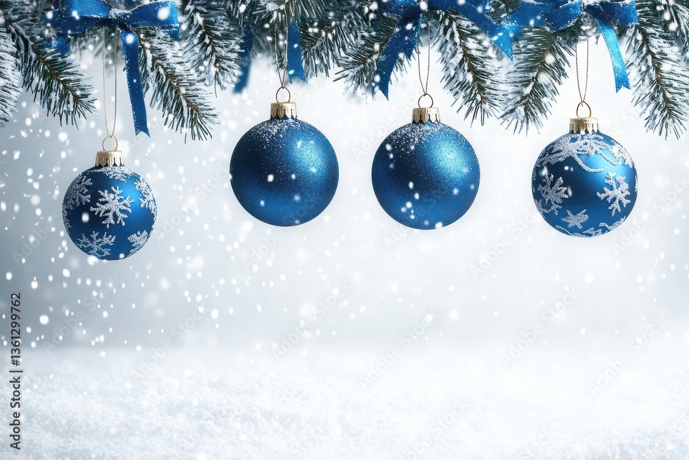 Christmas Background with Hanging Blue Ornaments.