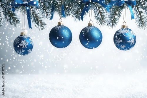 Obraz na płótnie Christmas Background with Hanging Blue Ornaments. w salonie