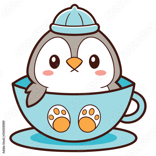 Adorable Penguin Wearing a Hat Sitting in a Cup with Paw Prints Cartoon Design