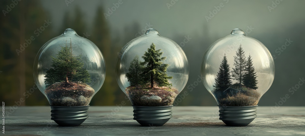 Nature-Inspired Light Bulb Art with Miniature Trees.