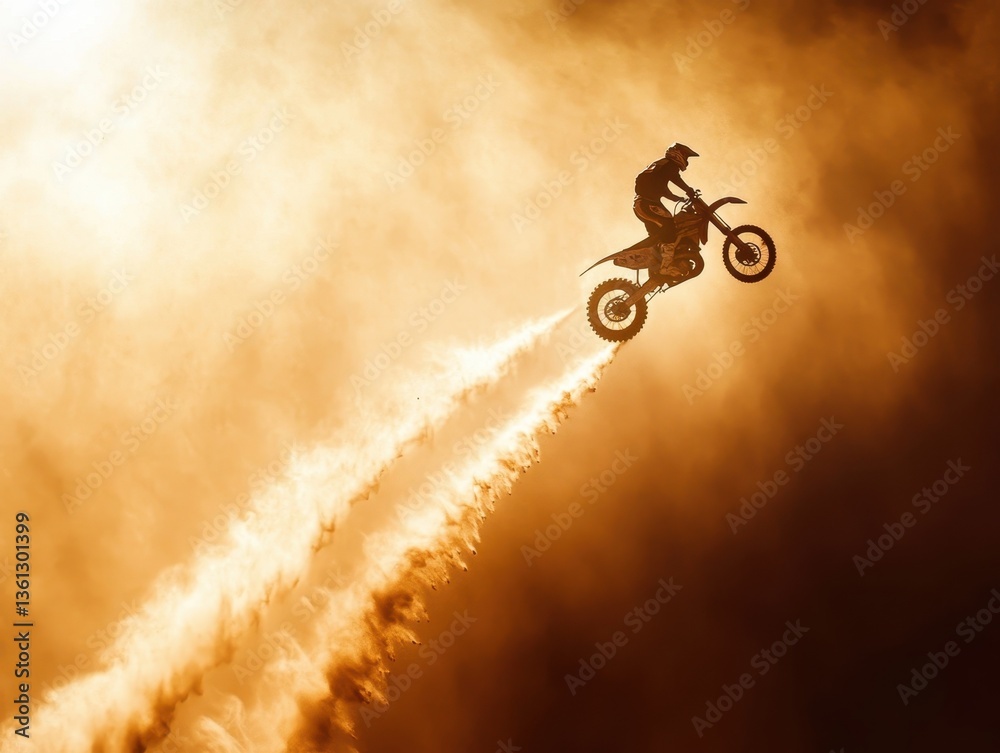 A motorcyclist performs an aerial stunt against a fiery backdrop, showcasing skill and adrenaline in a dramatic, artistic setting.