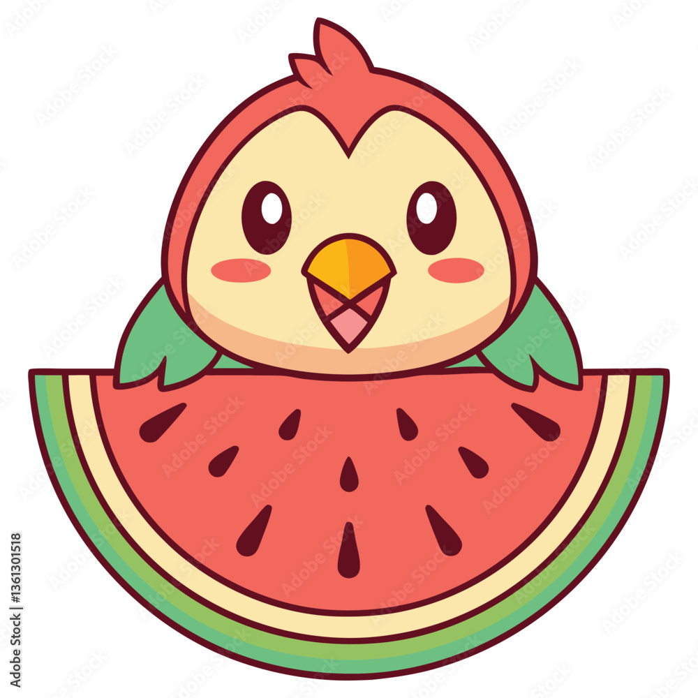 Obraz premium Cute Cartoon Bird with Slice of Watermelon, Red Feather, Happy Character, Isolated