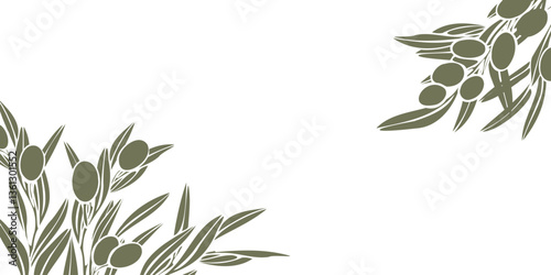 hand drawn vector frame with olive branches silhouette with fruits and leaves. Minimalist style template in olive green color. Perfect for textile, packaging, menu, prints, backgrounds