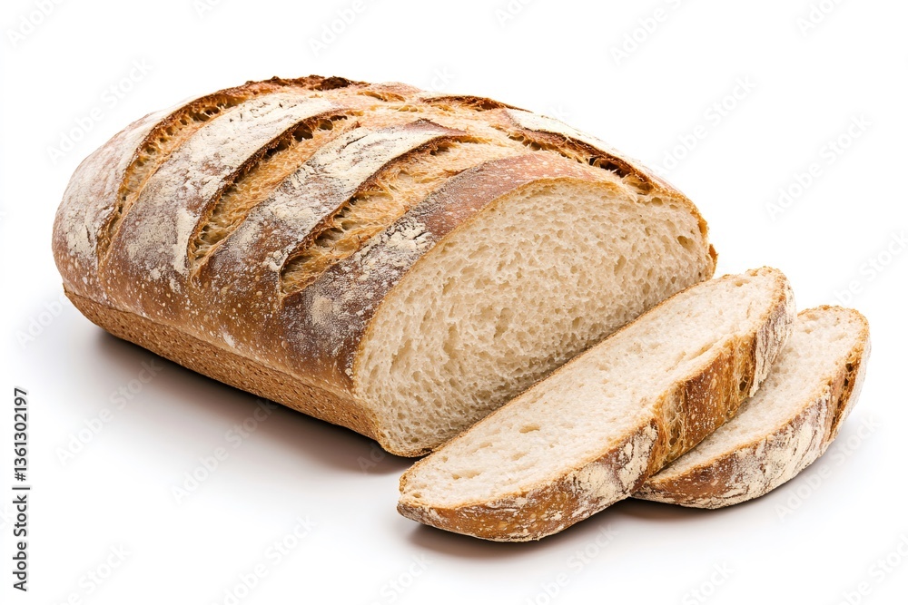 Freshly baked loaf of bread is sliced on white background Freshly baked loaf of bread is sliced on white background