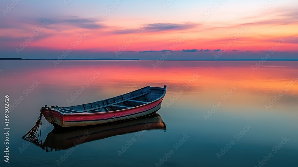 Tranquil Sunset Reflection on Still Water with an Isolated Boat in Calm Waters Tranquil Sunset Reflection on Still Water with an Isolated Boat in Calm Waters
