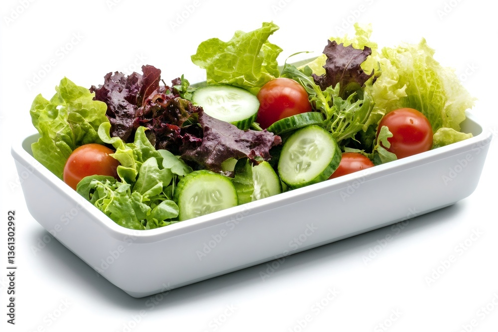 Fresh salad with lettuce, cucumber and cherry tomatoes resting in white ceramic bowl Fresh salad with lettuce, cucumber and cherry tomatoes resting in white ceramic bowl