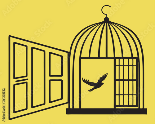 Bird flying away from open cage, symbolizing freedom and liberation. Empty birdcage with open door as a metaphor for escape and independence.