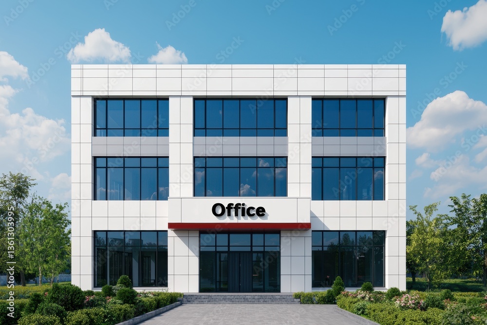 Naklejka premium Modern Office Building with Large Windows and Green Landscaping