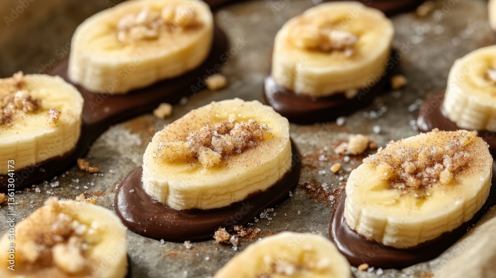 Sliced bananas topped with chocolate, sugar, and nuts on a baking tray for a delicious dessert or snack idea Sliced bananas topped with chocolate, sugar, and nuts on a baking tray for a delicious dessert or snack idea