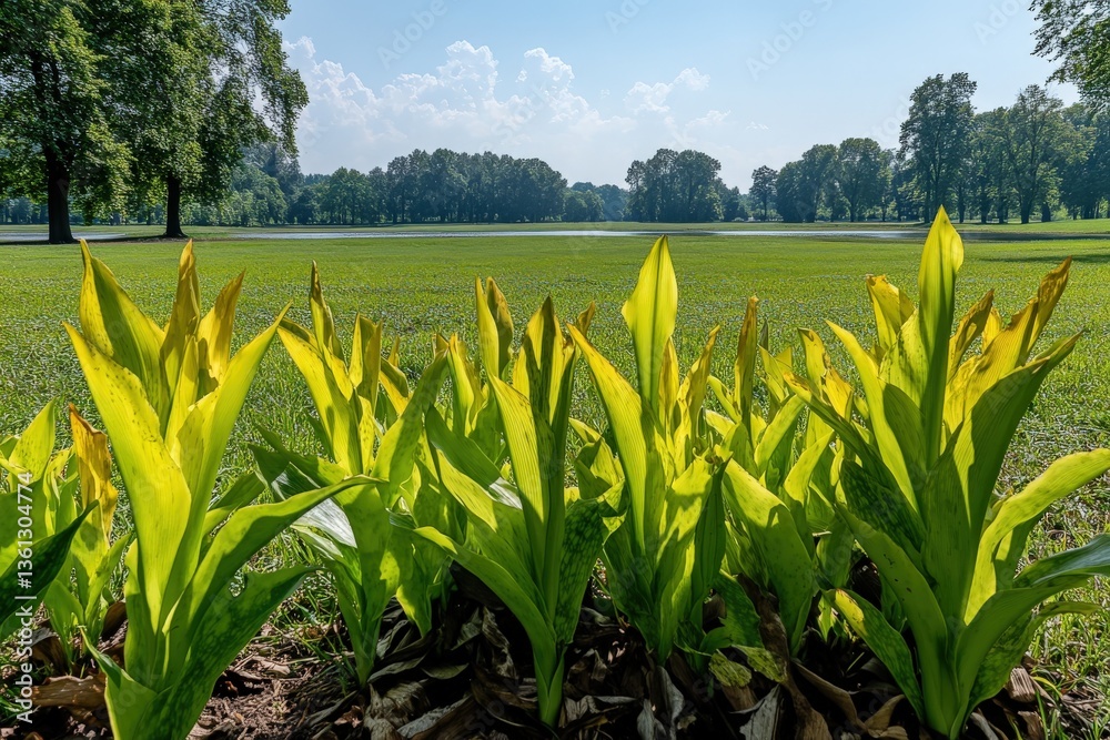Fototapeta premium Vibrant yellow-green plants in foreground, serene park landscape in background; peaceful nature scene.